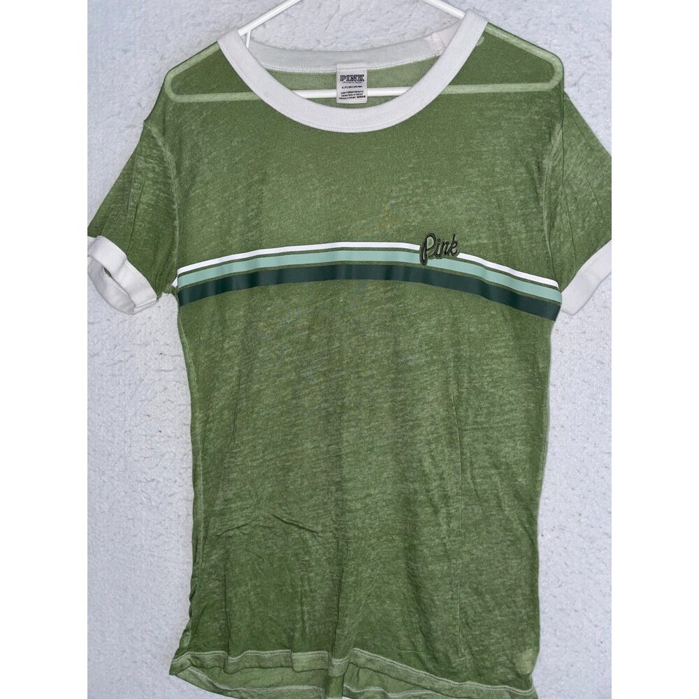 Victoria's Secret PINK T Shirt sz S crew cotton oversized See through green